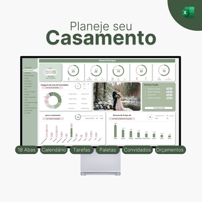 Planilha para Casamento | Convidados, Orçamento, Paleta, Inspiração, Organização de mesas, e mais!