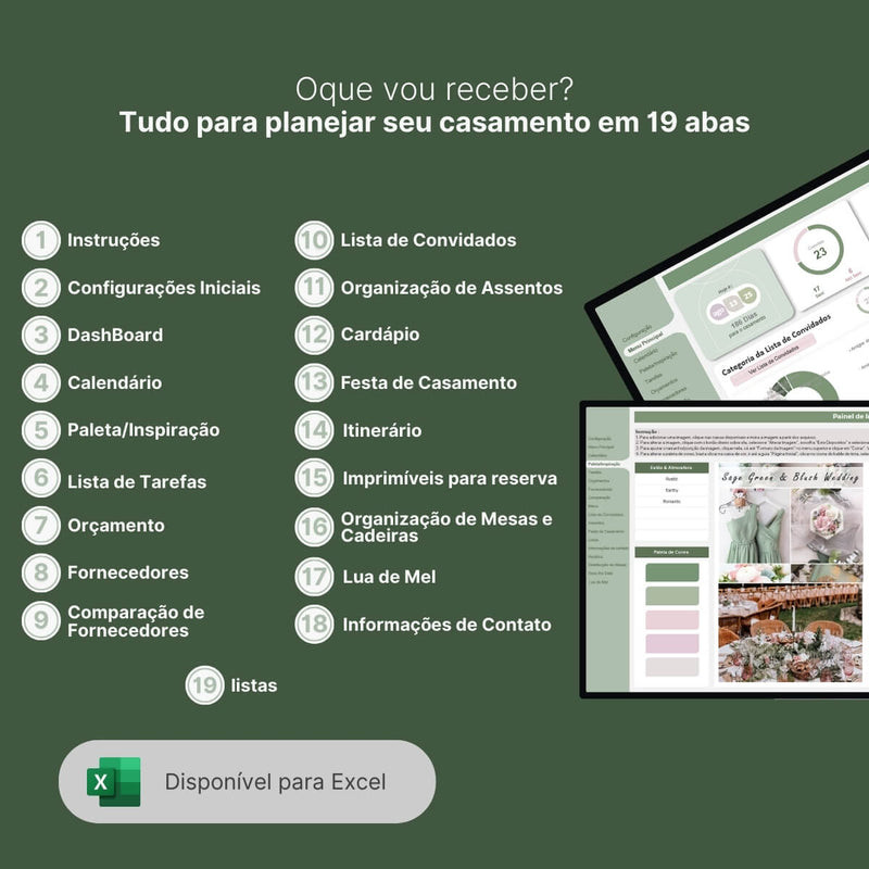 Planilha para Casamento | Convidados, Orçamento, Paleta, Inspiração, Organização de mesas, e mais!