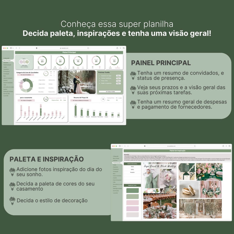 Planilha para Casamento | Convidados, Orçamento, Paleta, Inspiração, Organização de mesas, e mais!