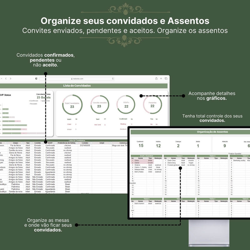 Planilha para Casamento | Convidados, Orçamento, Paleta, Inspiração, Organização de mesas, e mais!