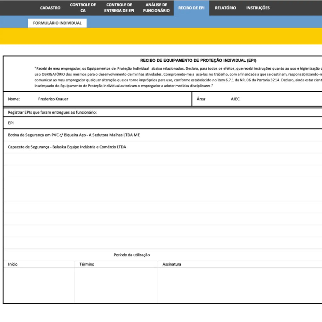 Planilha de Controle de EPIs