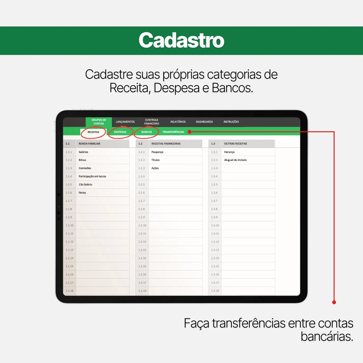 cadastro de categorias, receitas e despesas