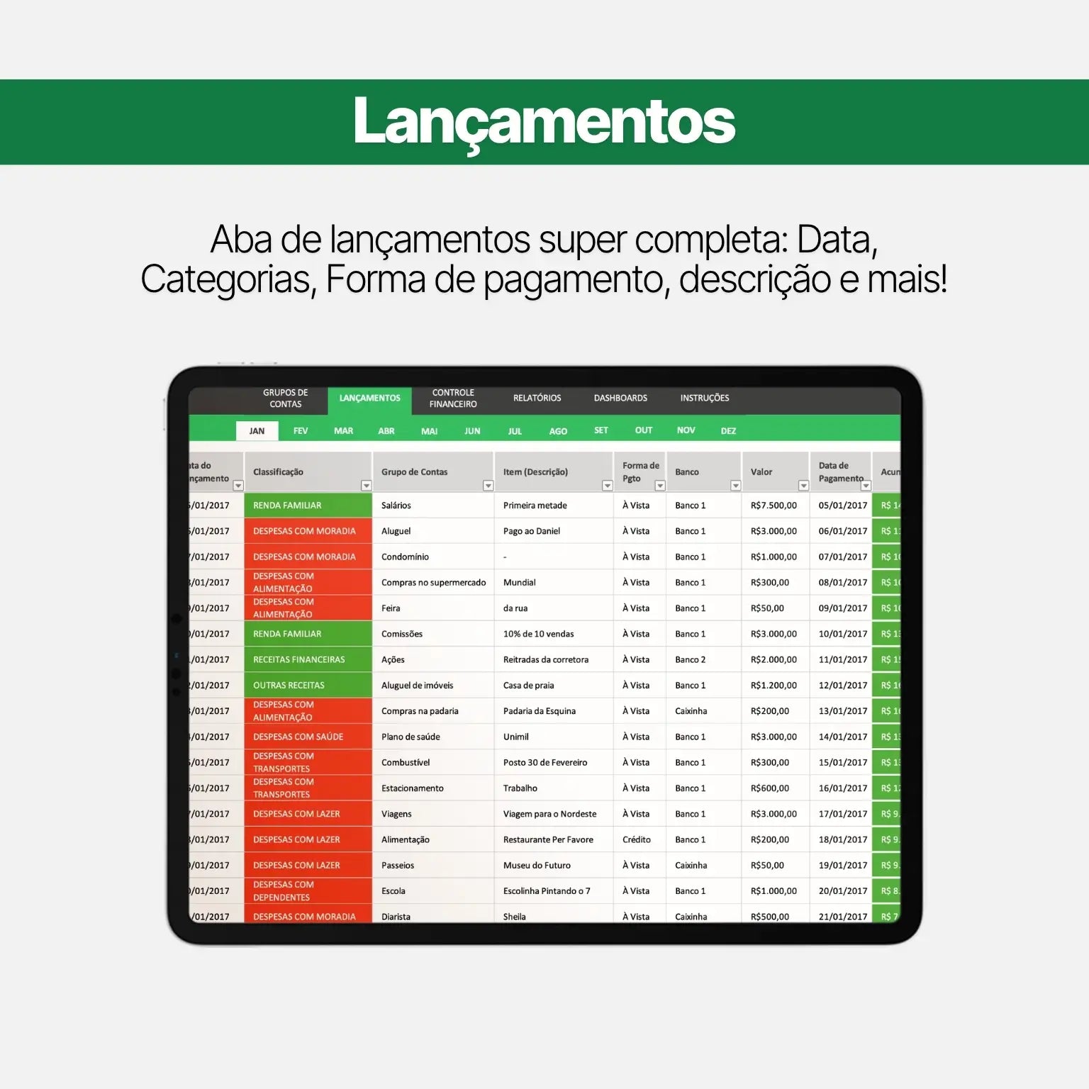 lançamentos de receitas, despesas, gastos com cartões